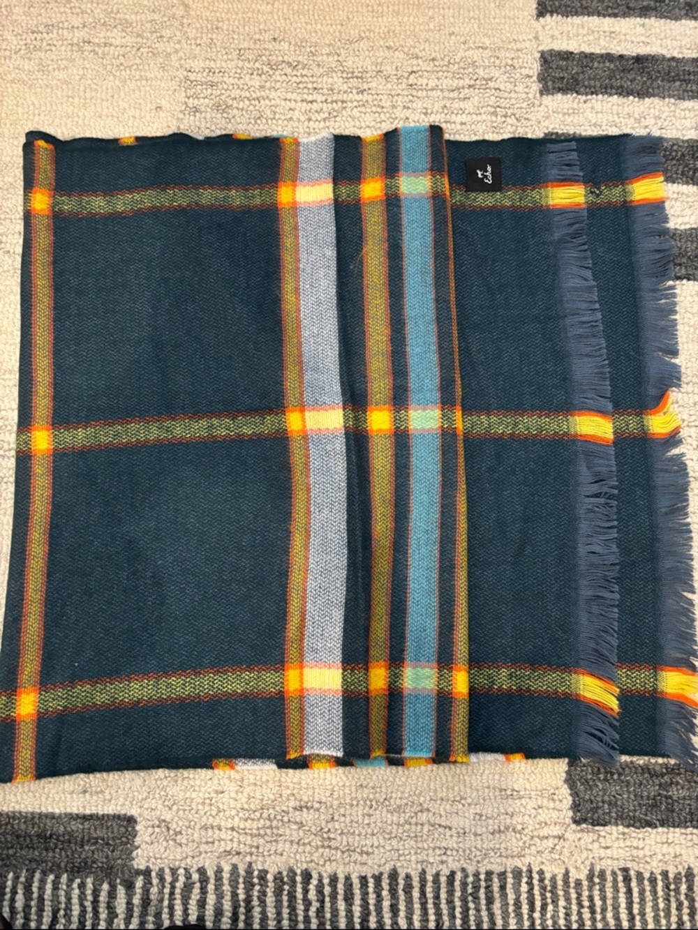 Echo Plaid Scarf Navy Yellow Tartan Fringe Wrap - Picture 9 of 12